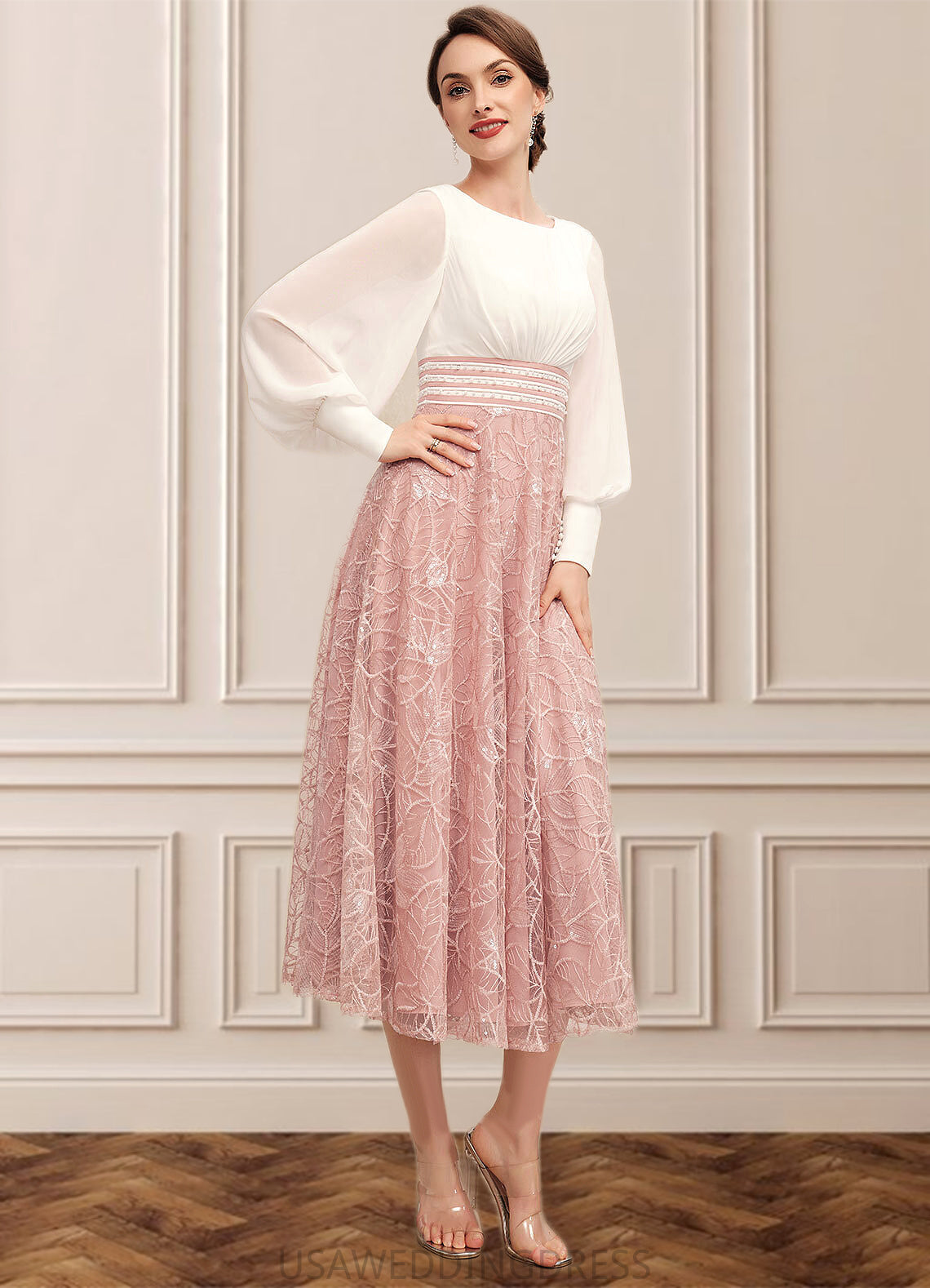 Nellie A-Line Scoop Neck Tea-Length Chiffon Lace Mother of the Bride Dress With Beading DS126P0014557