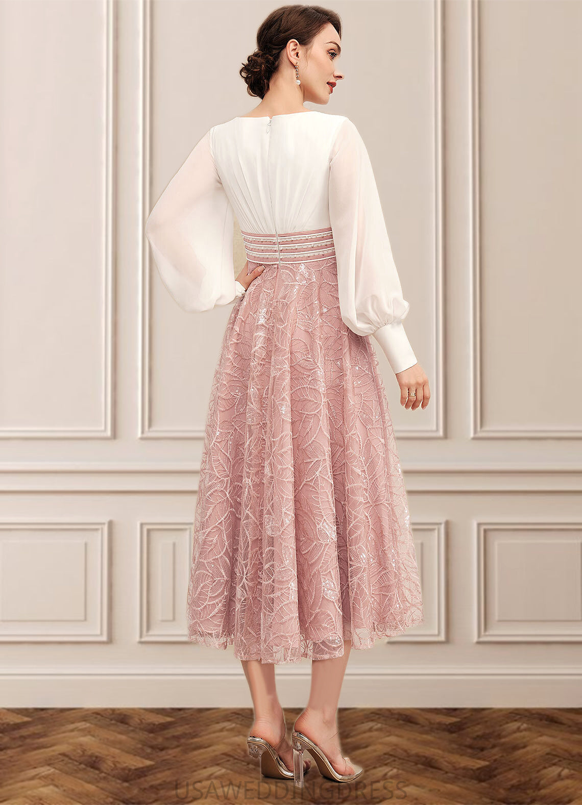 Nellie A-Line Scoop Neck Tea-Length Chiffon Lace Mother of the Bride Dress With Beading DS126P0014557