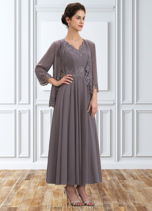 Sloane A-line V-Neck Ankle-Length Chiffon Mother of the Bride Dress With Beading Appliques Lace Sequins DS126P0014558