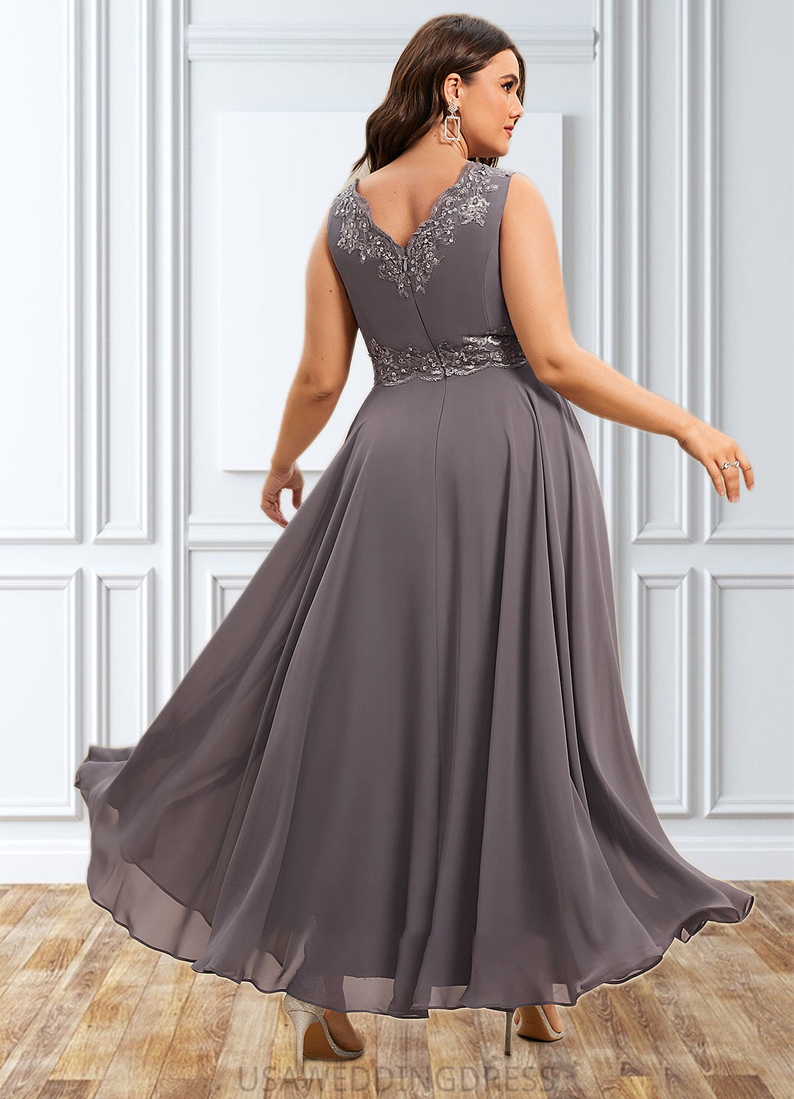 Sloane A-line V-Neck Ankle-Length Chiffon Mother of the Bride Dress With Beading Appliques Lace Sequins DS126P0014558