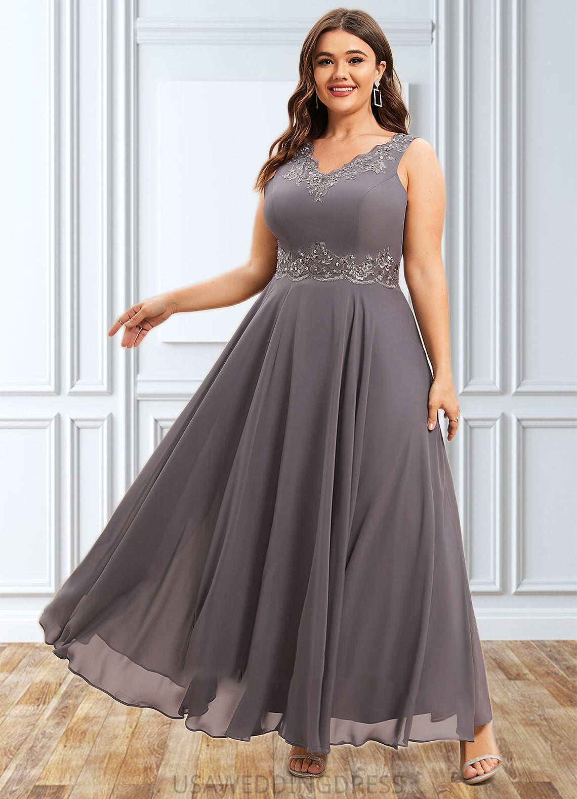 Sloane A-line V-Neck Ankle-Length Chiffon Mother of the Bride Dress With Beading Appliques Lace Sequins DS126P0014558