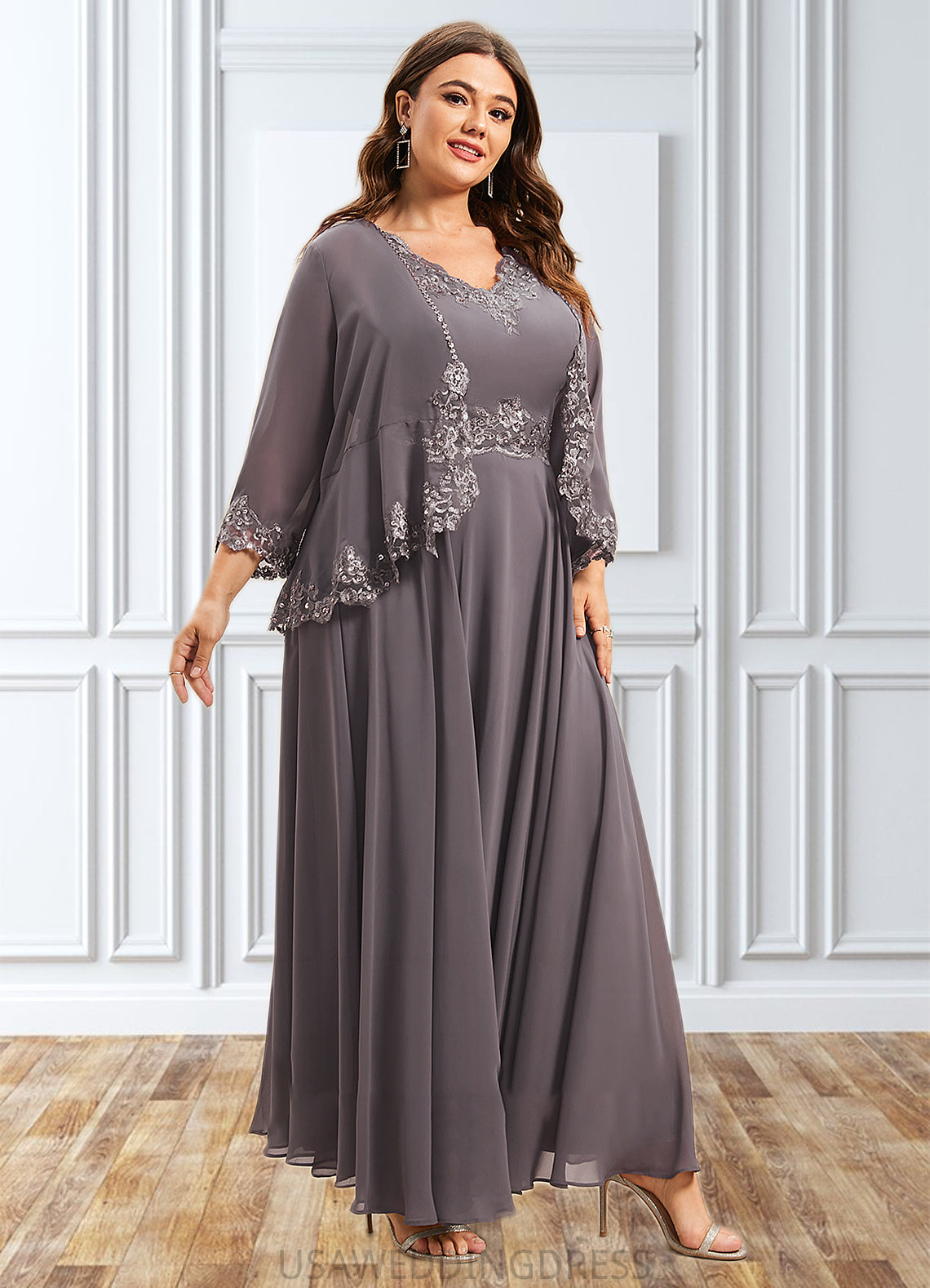 Sloane A-line V-Neck Ankle-Length Chiffon Mother of the Bride Dress With Beading Appliques Lace Sequins DS126P0014558