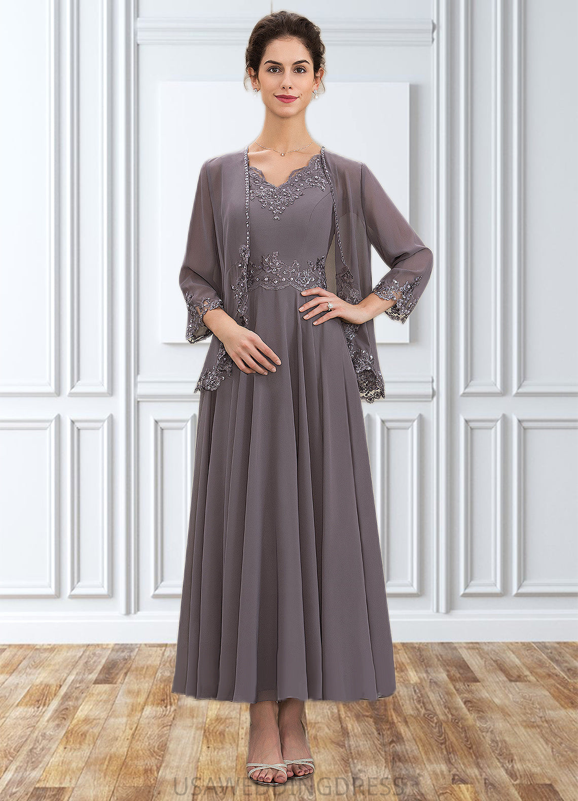 Sloane A-line V-Neck Ankle-Length Chiffon Mother of the Bride Dress With Beading Appliques Lace Sequins DS126P0014558