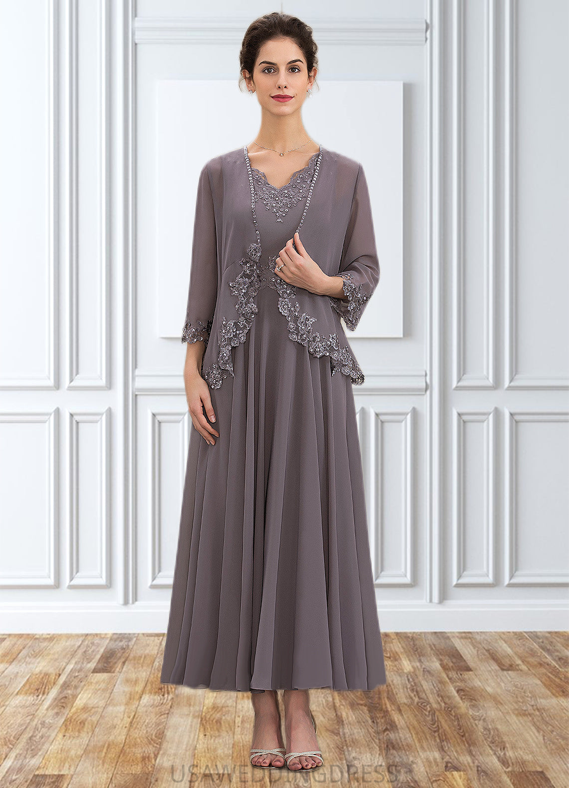 Sloane A-line V-Neck Ankle-Length Chiffon Mother of the Bride Dress With Beading Appliques Lace Sequins DS126P0014558