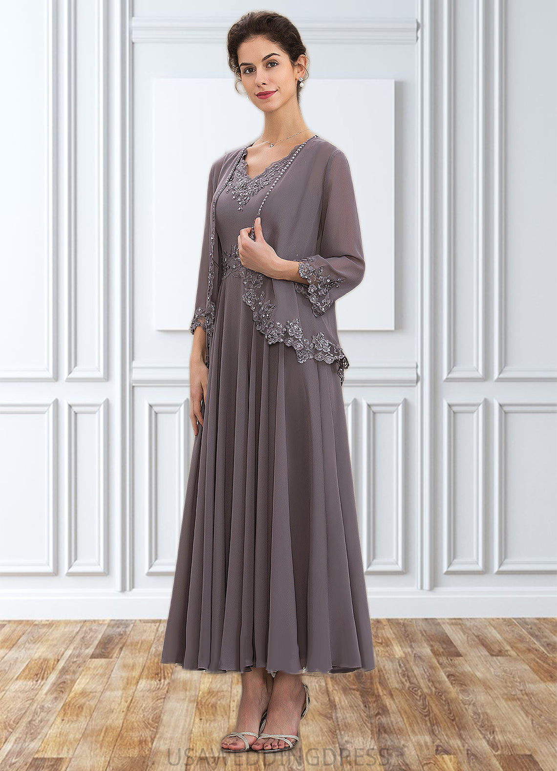 Sloane A-line V-Neck Ankle-Length Chiffon Mother of the Bride Dress With Beading Appliques Lace Sequins DS126P0014558