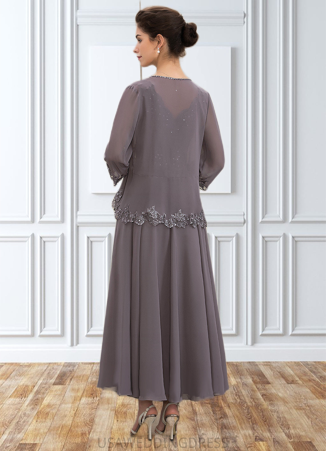 Sloane A-line V-Neck Ankle-Length Chiffon Mother of the Bride Dress With Beading Appliques Lace Sequins DS126P0014558