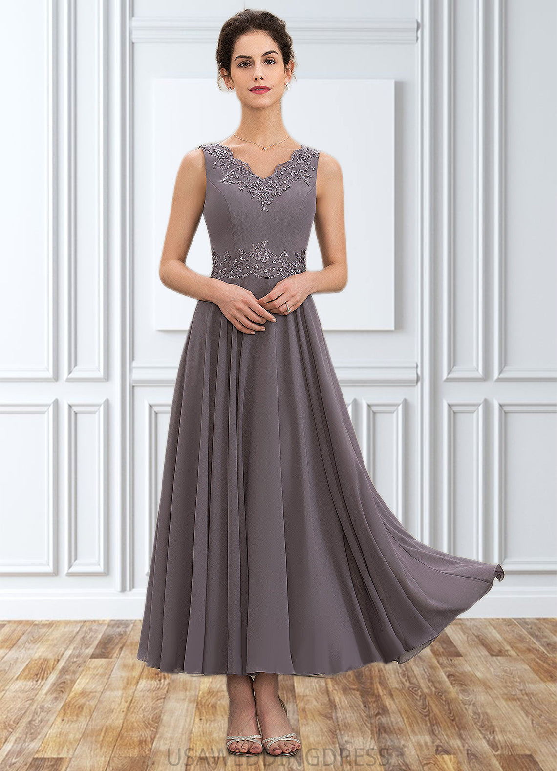 Sloane A-line V-Neck Ankle-Length Chiffon Mother of the Bride Dress With Beading Appliques Lace Sequins DS126P0014558