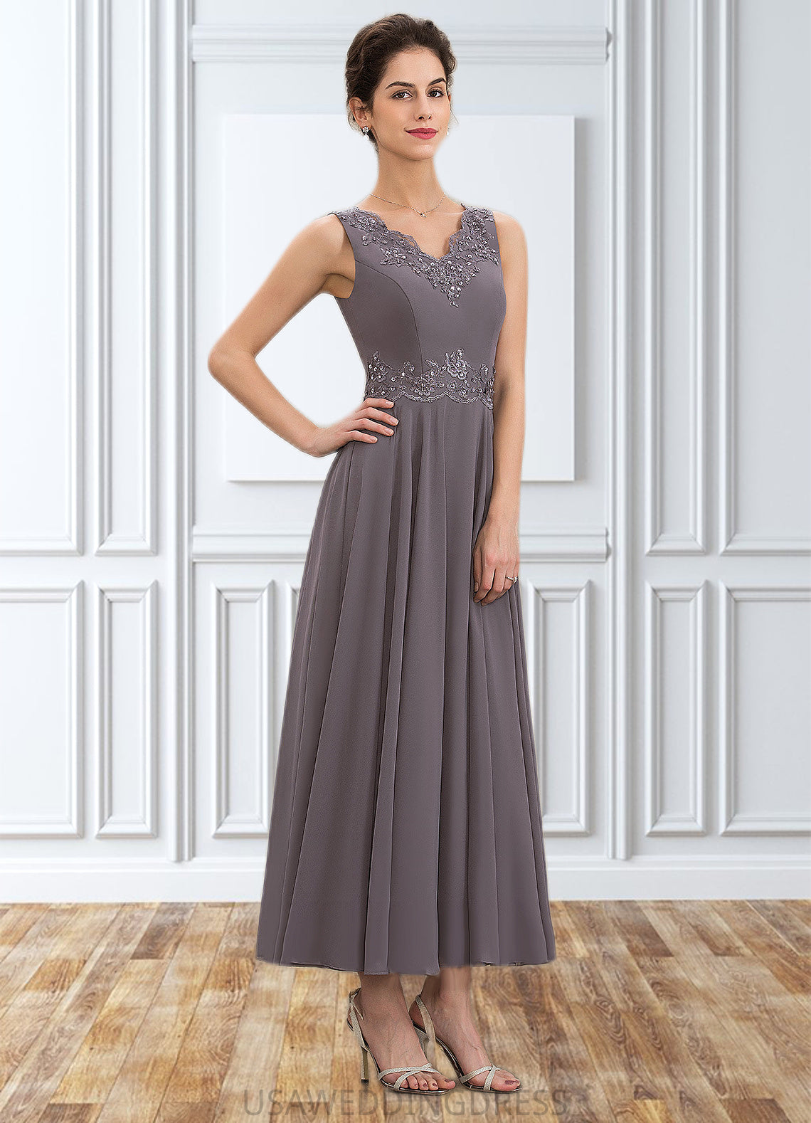 Sloane A-line V-Neck Ankle-Length Chiffon Mother of the Bride Dress With Beading Appliques Lace Sequins DS126P0014558