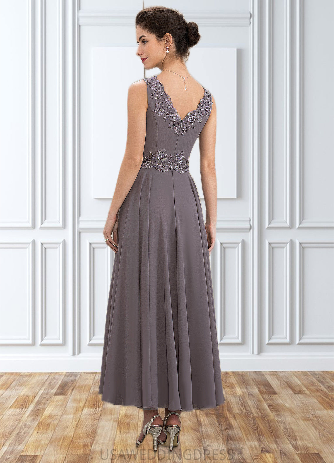 Sloane A-line V-Neck Ankle-Length Chiffon Mother of the Bride Dress With Beading Appliques Lace Sequins DS126P0014558