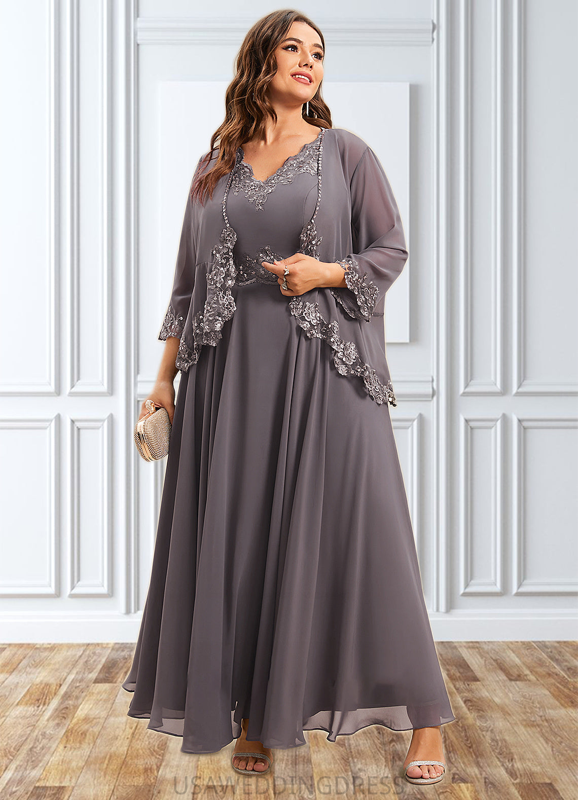 Sloane A-line V-Neck Ankle-Length Chiffon Mother of the Bride Dress With Beading Appliques Lace Sequins DS126P0014558