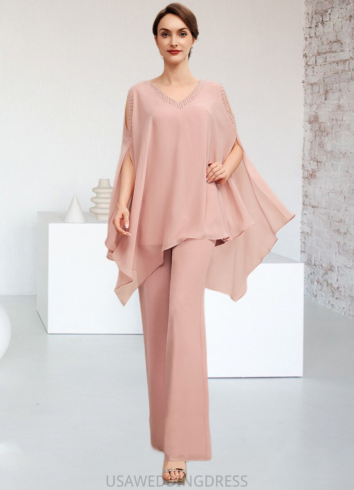 Kinley Jumpsuit/Pantsuit V-neck Floor-Length Chiffon Mother of the Bride Dress With Beading DS126P0014560