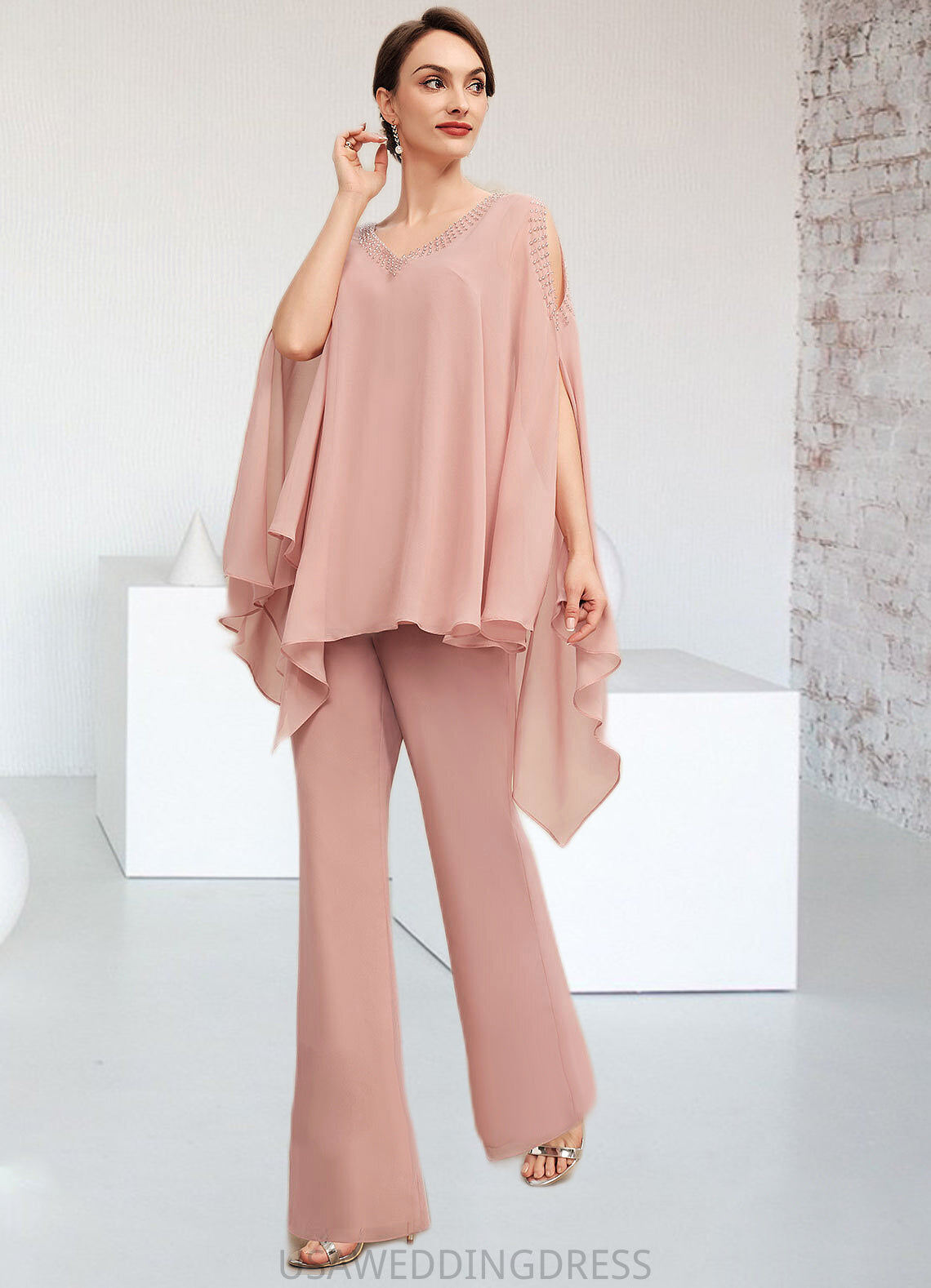 Kinley Jumpsuit/Pantsuit V-neck Floor-Length Chiffon Mother of the Bride Dress With Beading DS126P0014560