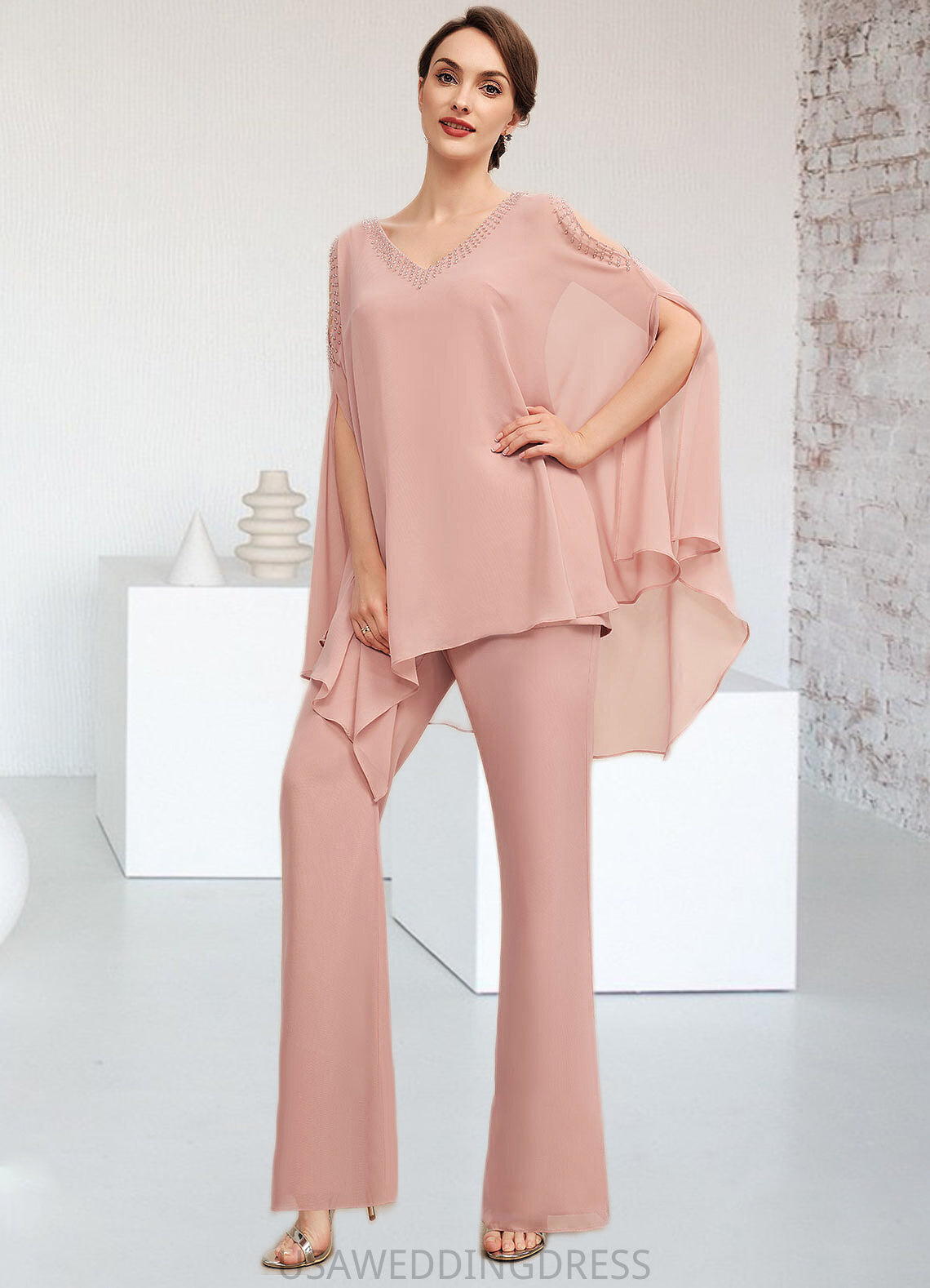 Kinley Jumpsuit/Pantsuit V-neck Floor-Length Chiffon Mother of the Bride Dress With Beading DS126P0014560