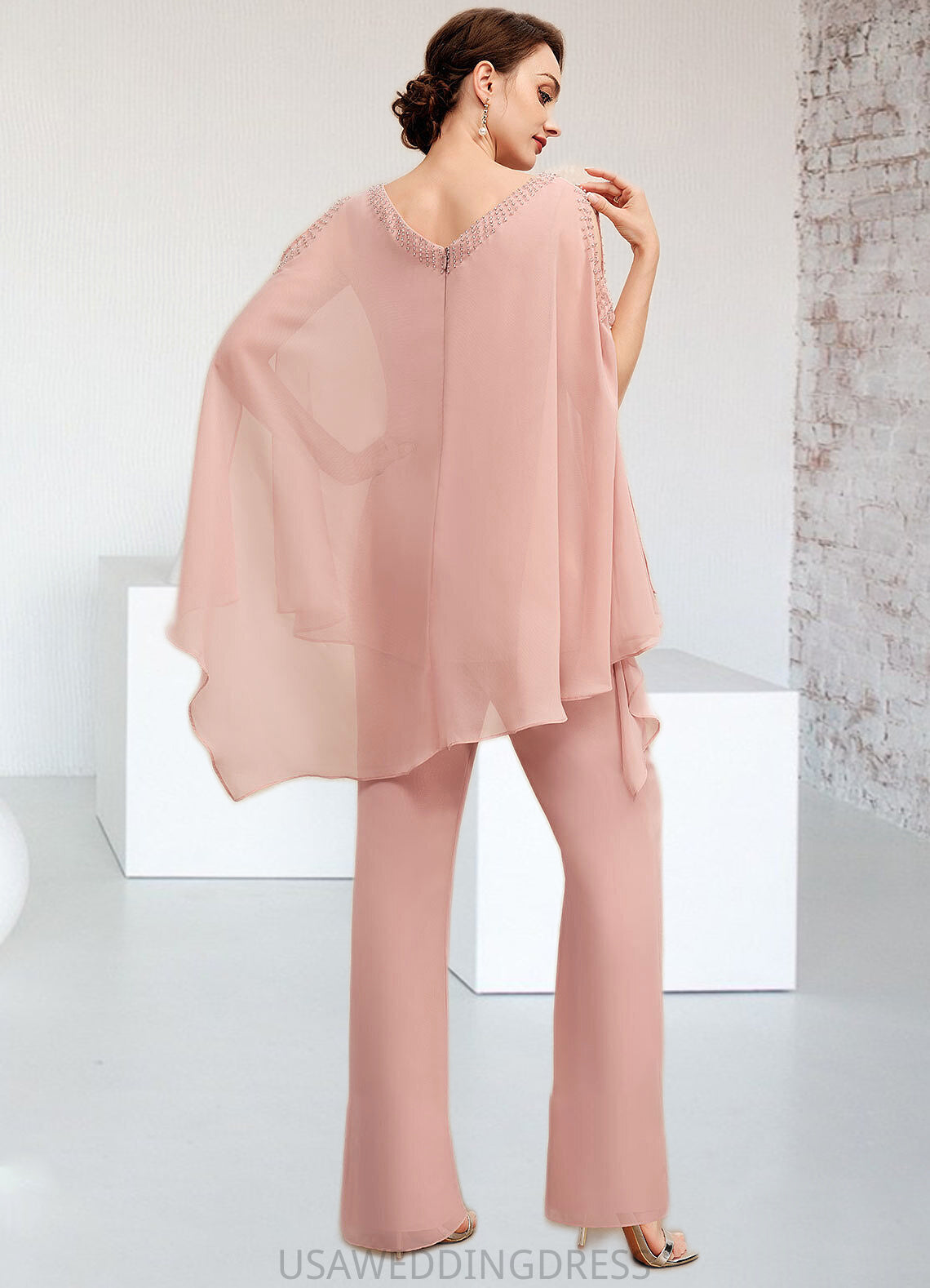 Kinley Jumpsuit/Pantsuit V-neck Floor-Length Chiffon Mother of the Bride Dress With Beading DS126P0014560