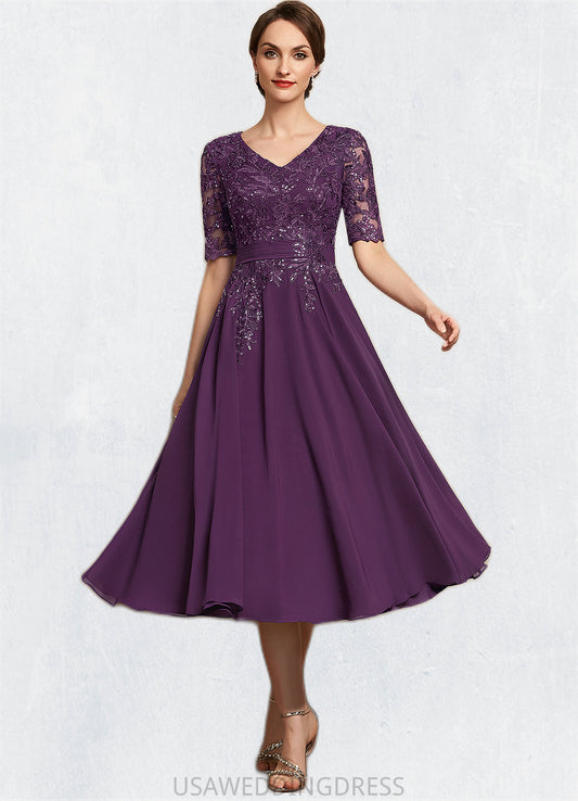 Lilyana A-line V-Neck Tea-Length Chiffon Lace Mother of the Bride Dress With Sequins DS126P0014561