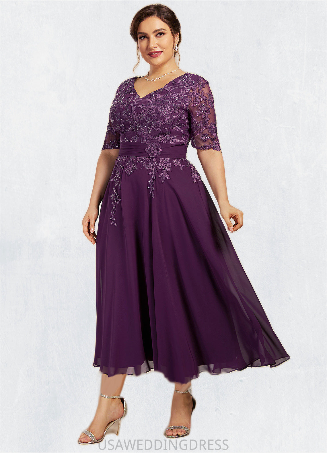 Lilyana A-line V-Neck Tea-Length Chiffon Lace Mother of the Bride Dress With Sequins DS126P0014561