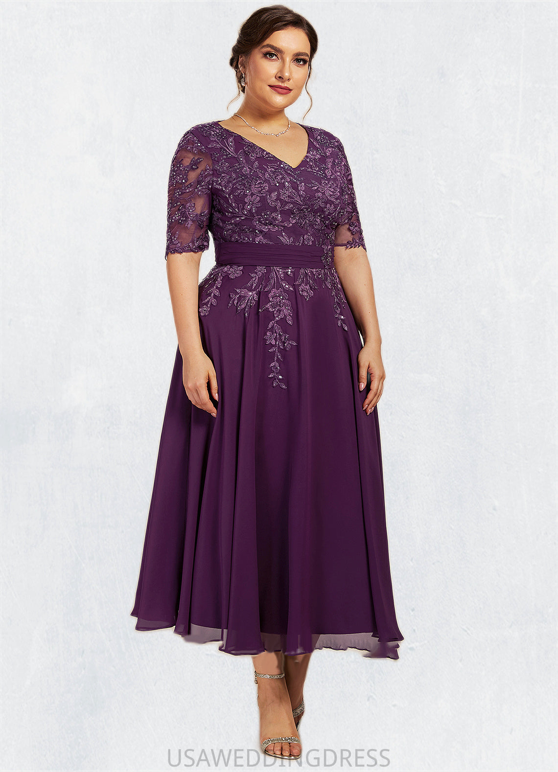 Lilyana A-line V-Neck Tea-Length Chiffon Lace Mother of the Bride Dress With Sequins DS126P0014561