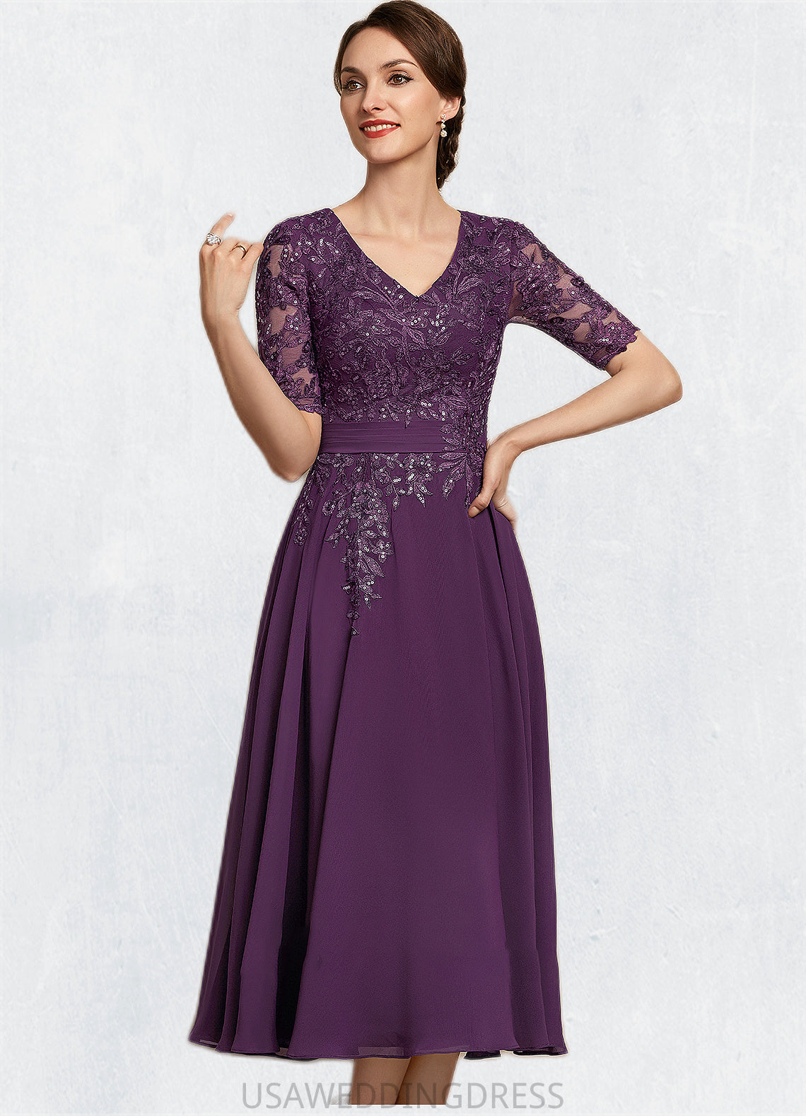 Lilyana A-line V-Neck Tea-Length Chiffon Lace Mother of the Bride Dress With Sequins DS126P0014561