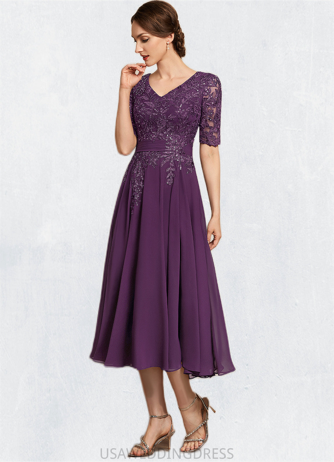 Lilyana A-line V-Neck Tea-Length Chiffon Lace Mother of the Bride Dress With Sequins DS126P0014561