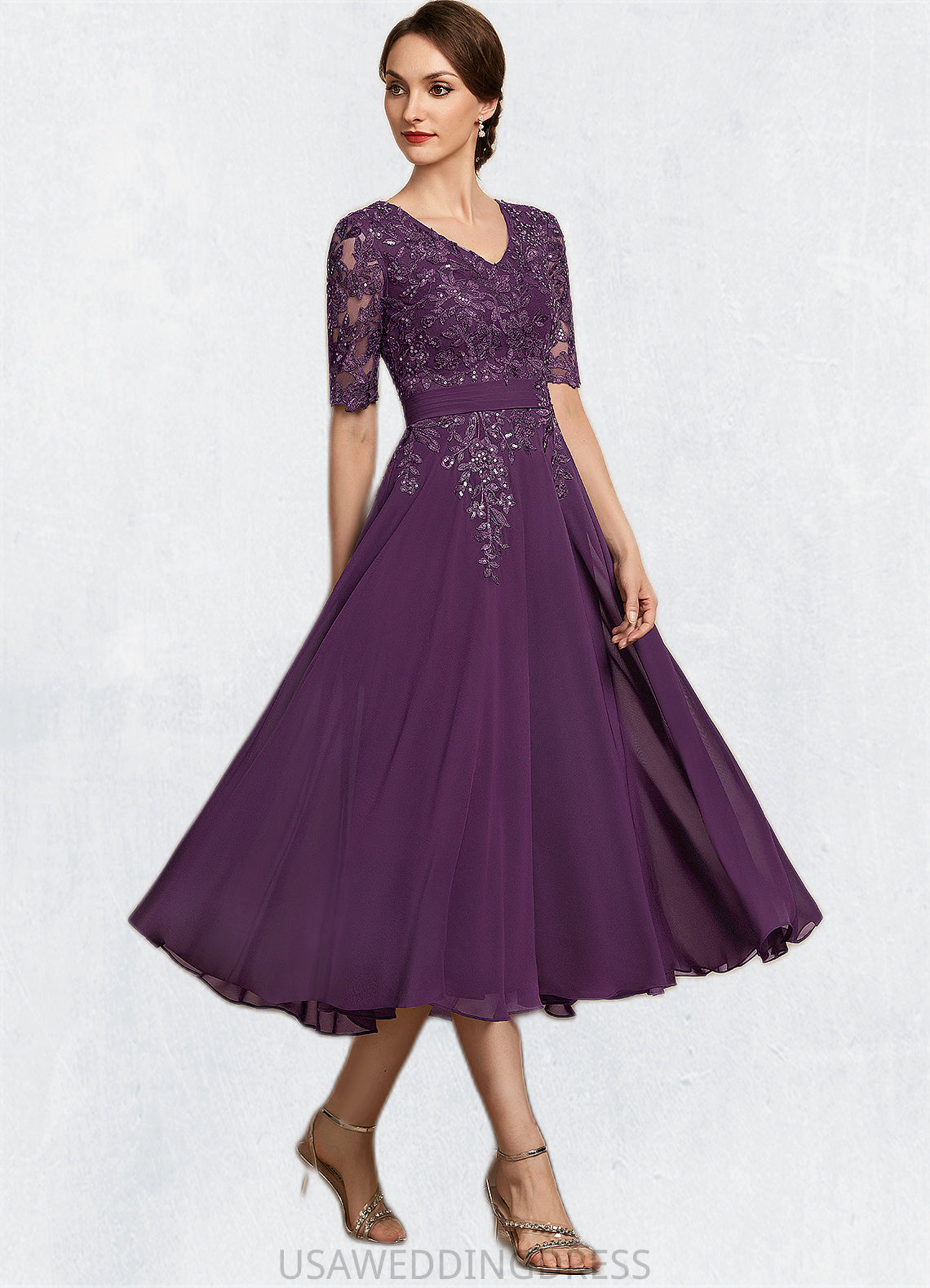 Lilyana A-line V-Neck Tea-Length Chiffon Lace Mother of the Bride Dress With Sequins DS126P0014561