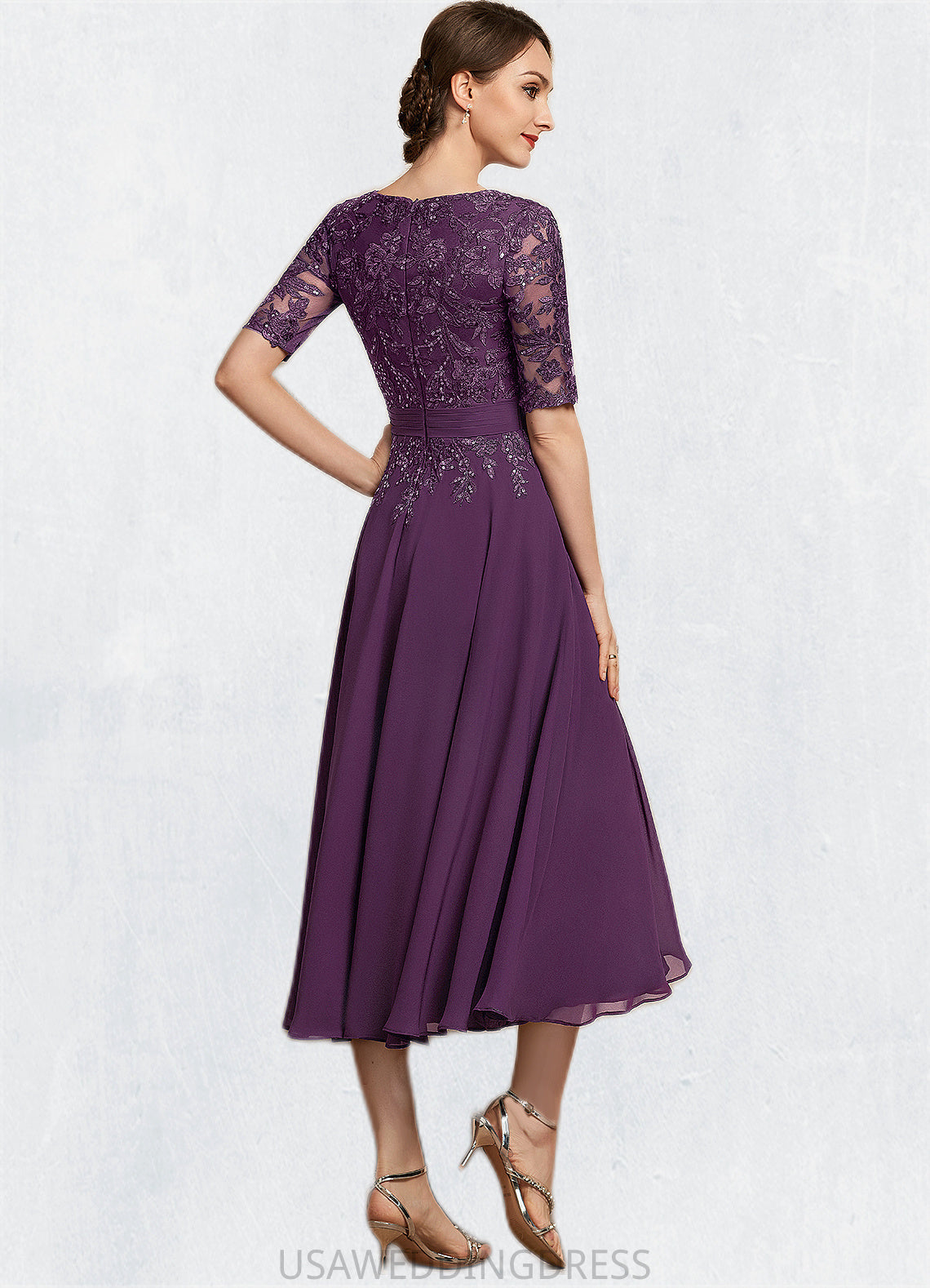 Lilyana A-line V-Neck Tea-Length Chiffon Lace Mother of the Bride Dress With Sequins DS126P0014561