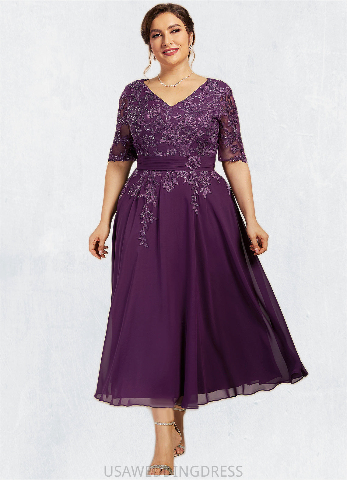 Lilyana A-line V-Neck Tea-Length Chiffon Lace Mother of the Bride Dress With Sequins DS126P0014561