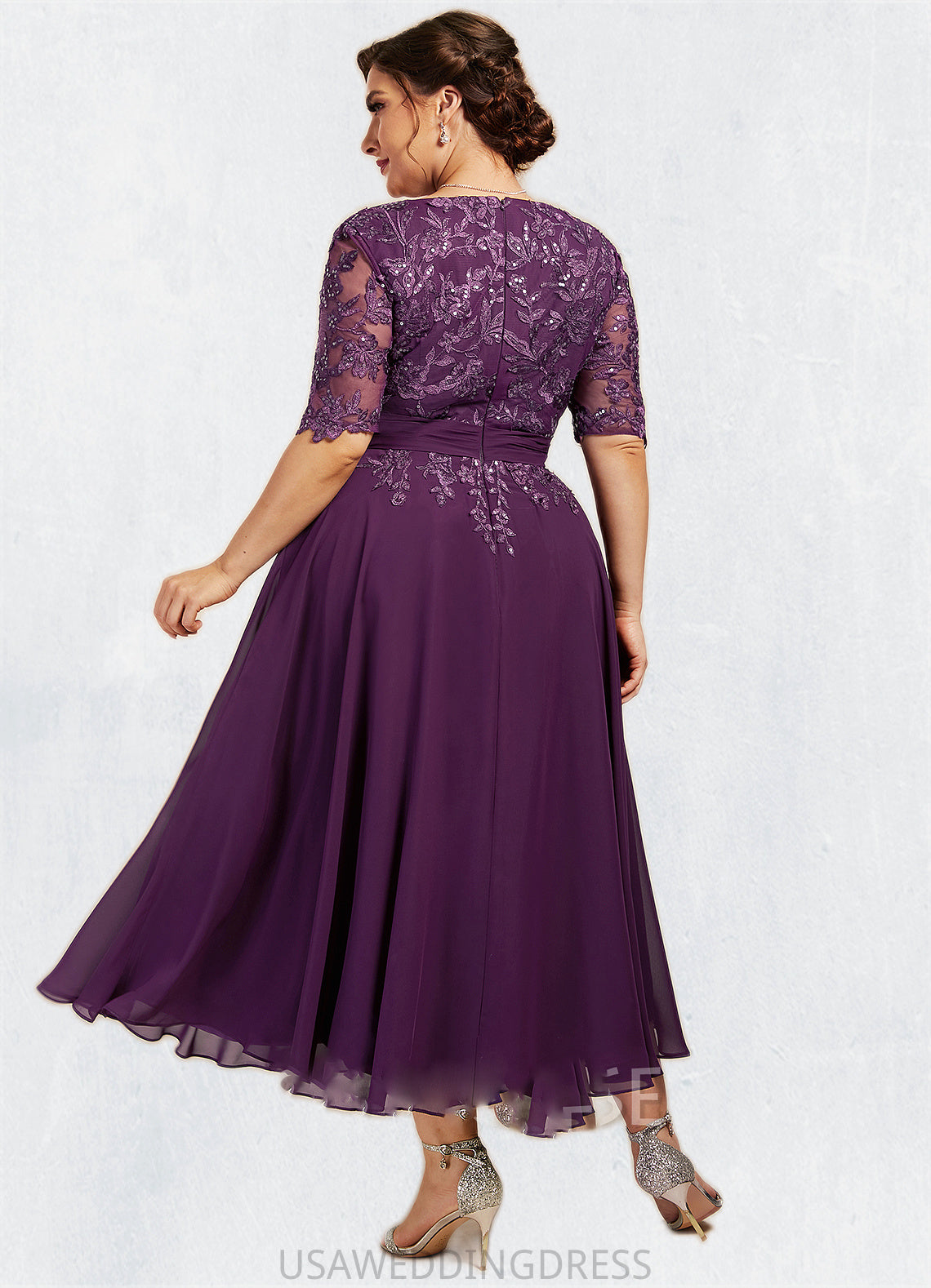 Lilyana A-line V-Neck Tea-Length Chiffon Lace Mother of the Bride Dress With Sequins DS126P0014561