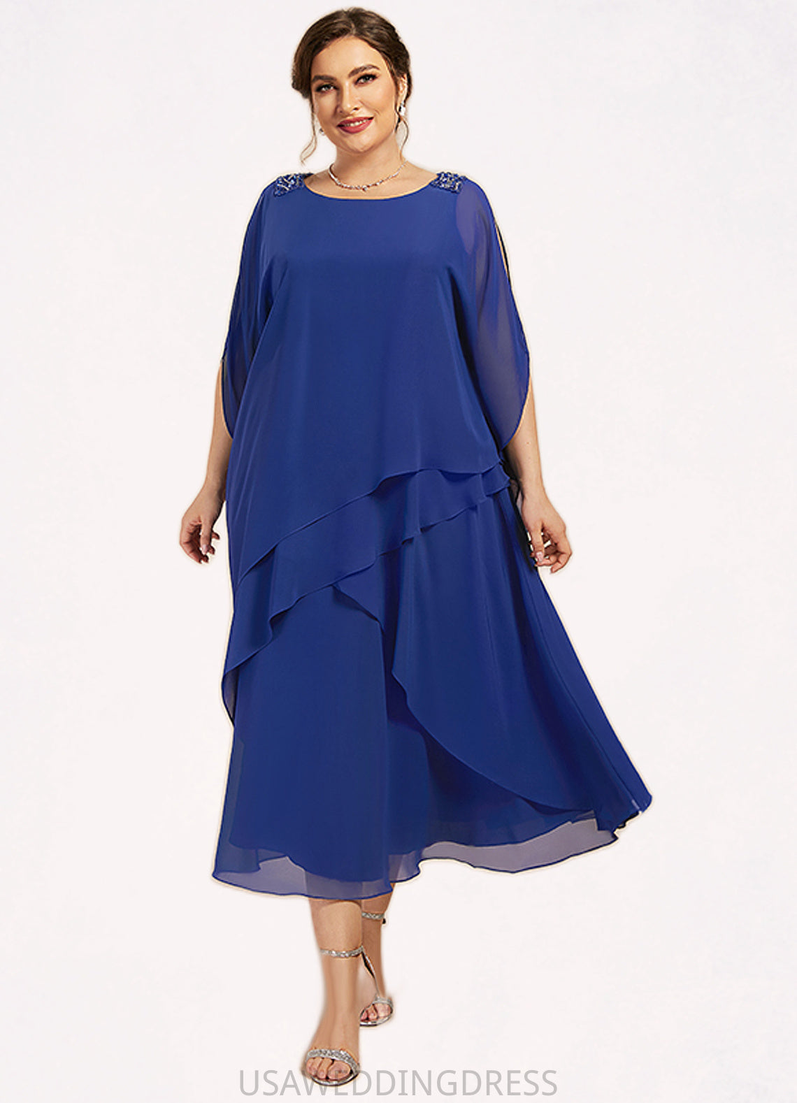 Isis A-Line Scoop Neck Tea-Length Chiffon Mother of the Bride Dress With Beading Sequins Cascading Ruffles DS126P0014562