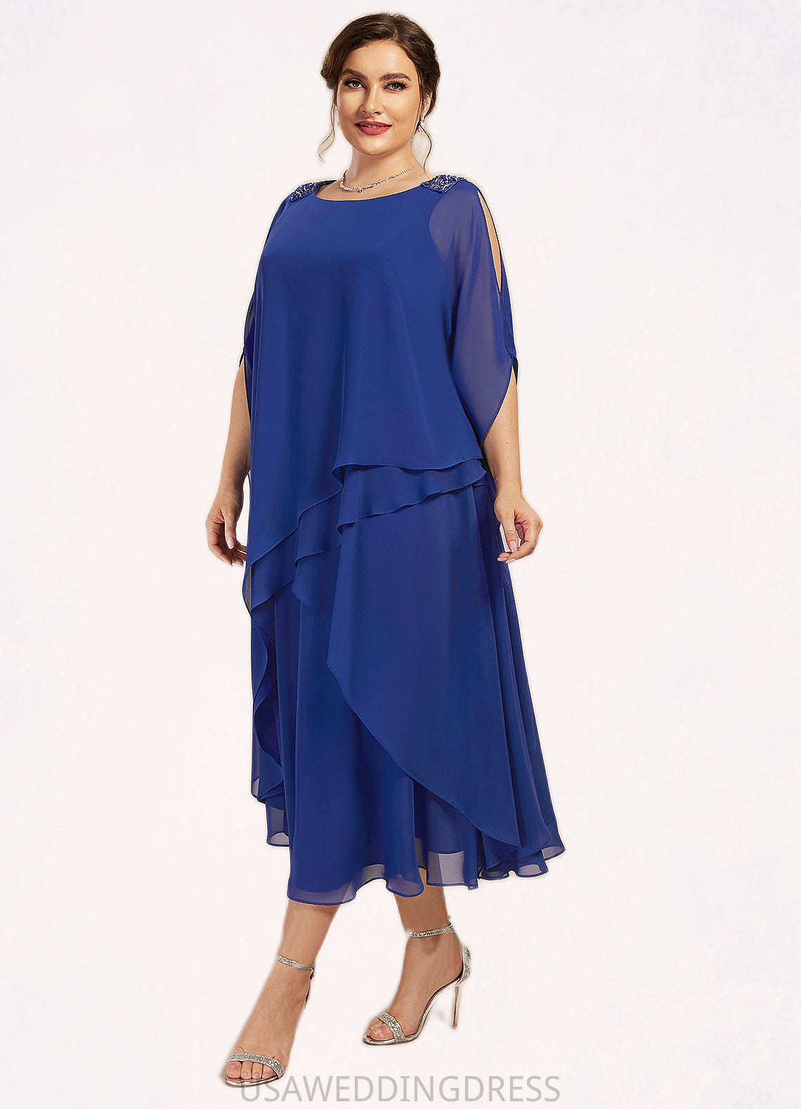 Isis A-Line Scoop Neck Tea-Length Chiffon Mother of the Bride Dress With Beading Sequins Cascading Ruffles DS126P0014562