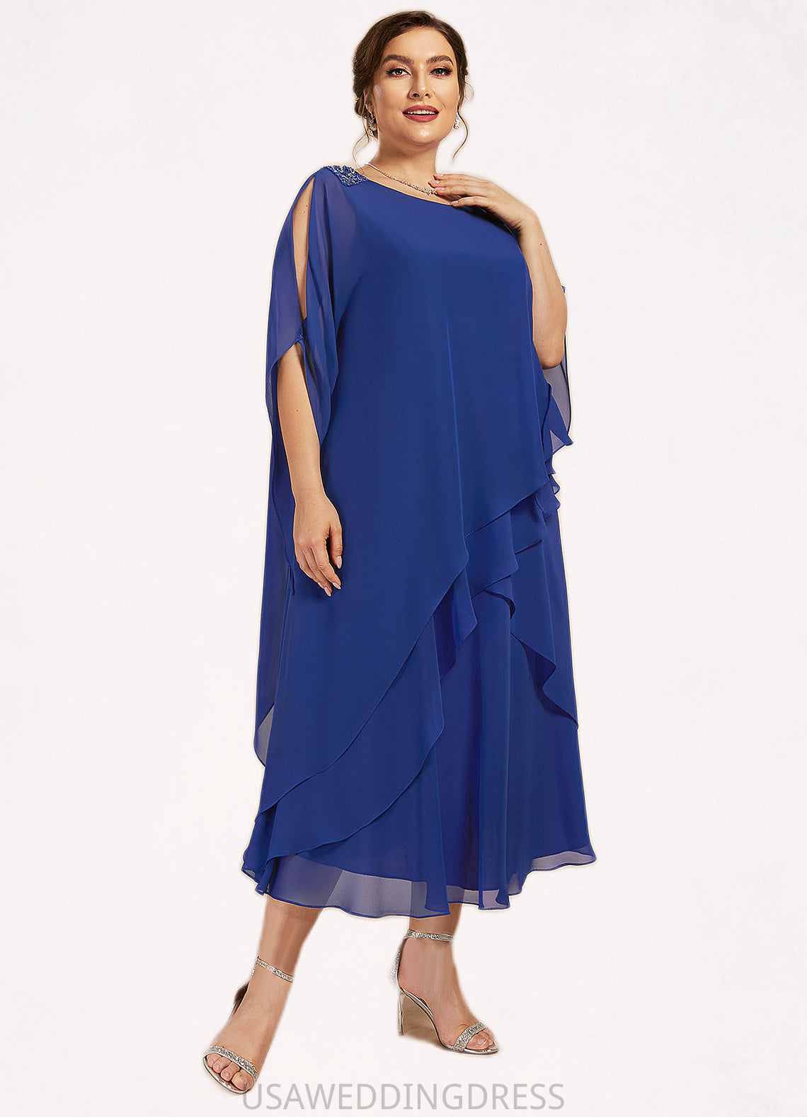 Isis A-Line Scoop Neck Tea-Length Chiffon Mother of the Bride Dress With Beading Sequins Cascading Ruffles DS126P0014562