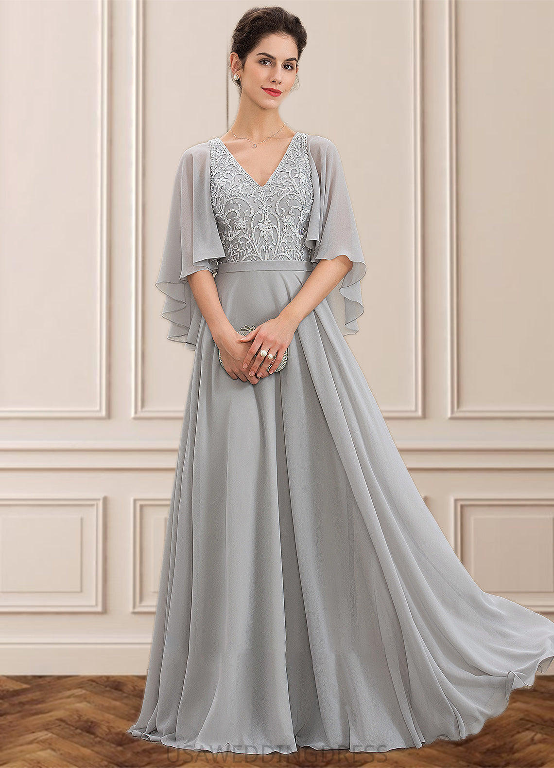 Cristal A-line V-Neck Floor-Length Chiffon Lace Mother of the Bride Dress With Beading Sequins DS126P0014563