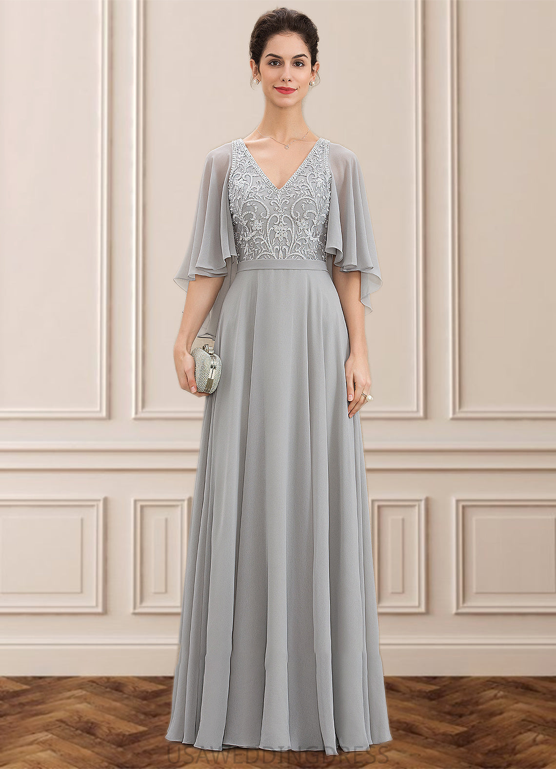 Cristal A-line V-Neck Floor-Length Chiffon Lace Mother of the Bride Dress With Beading Sequins DS126P0014563