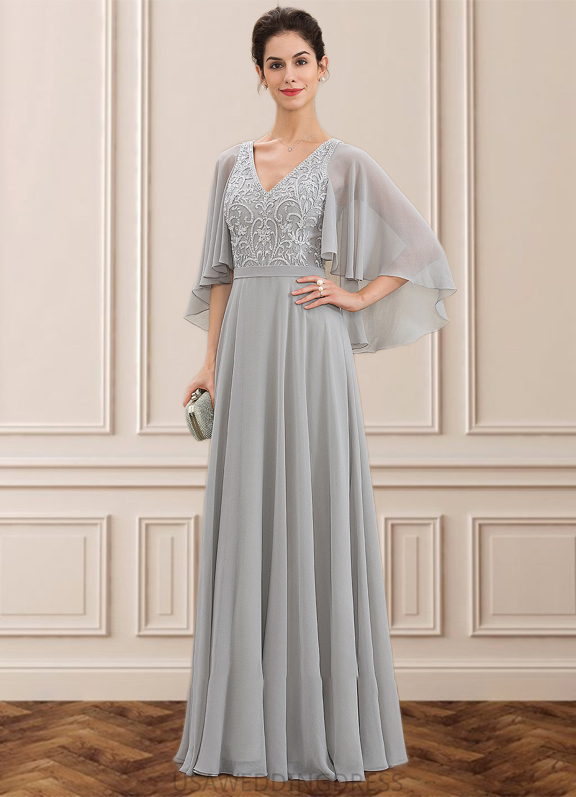 Cristal A-line V-Neck Floor-Length Chiffon Lace Mother of the Bride Dress With Beading Sequins DS126P0014563