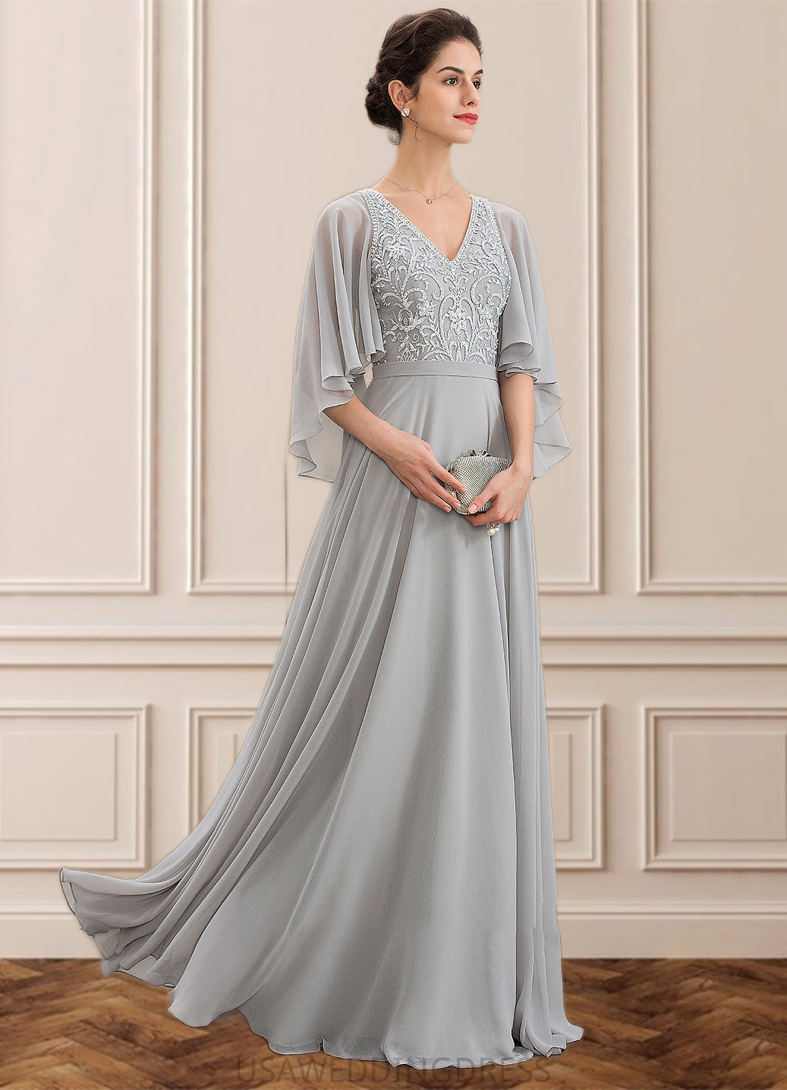 Cristal A-line V-Neck Floor-Length Chiffon Lace Mother of the Bride Dress With Beading Sequins DS126P0014563