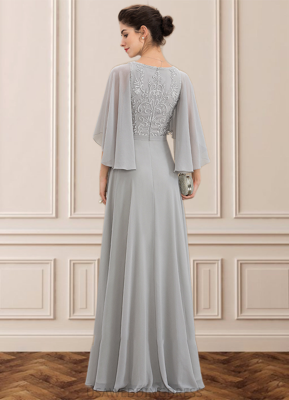 Cristal A-line V-Neck Floor-Length Chiffon Lace Mother of the Bride Dress With Beading Sequins DS126P0014563