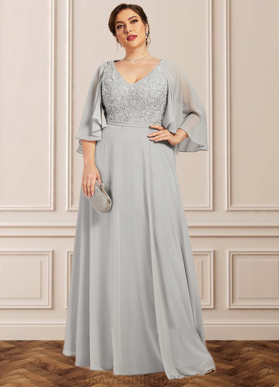 Cristal A-line V-Neck Floor-Length Chiffon Lace Mother of the Bride Dress With Beading Sequins DS126P0014563