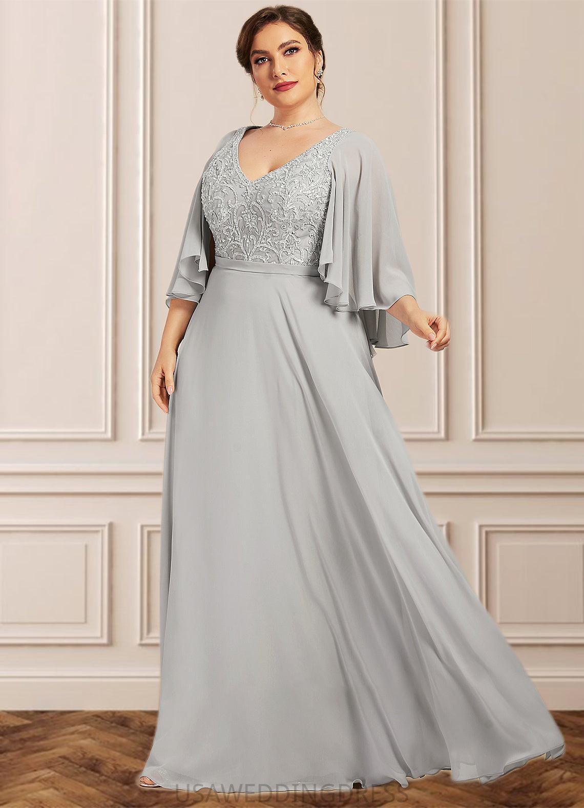 Cristal A-line V-Neck Floor-Length Chiffon Lace Mother of the Bride Dress With Beading Sequins DS126P0014563