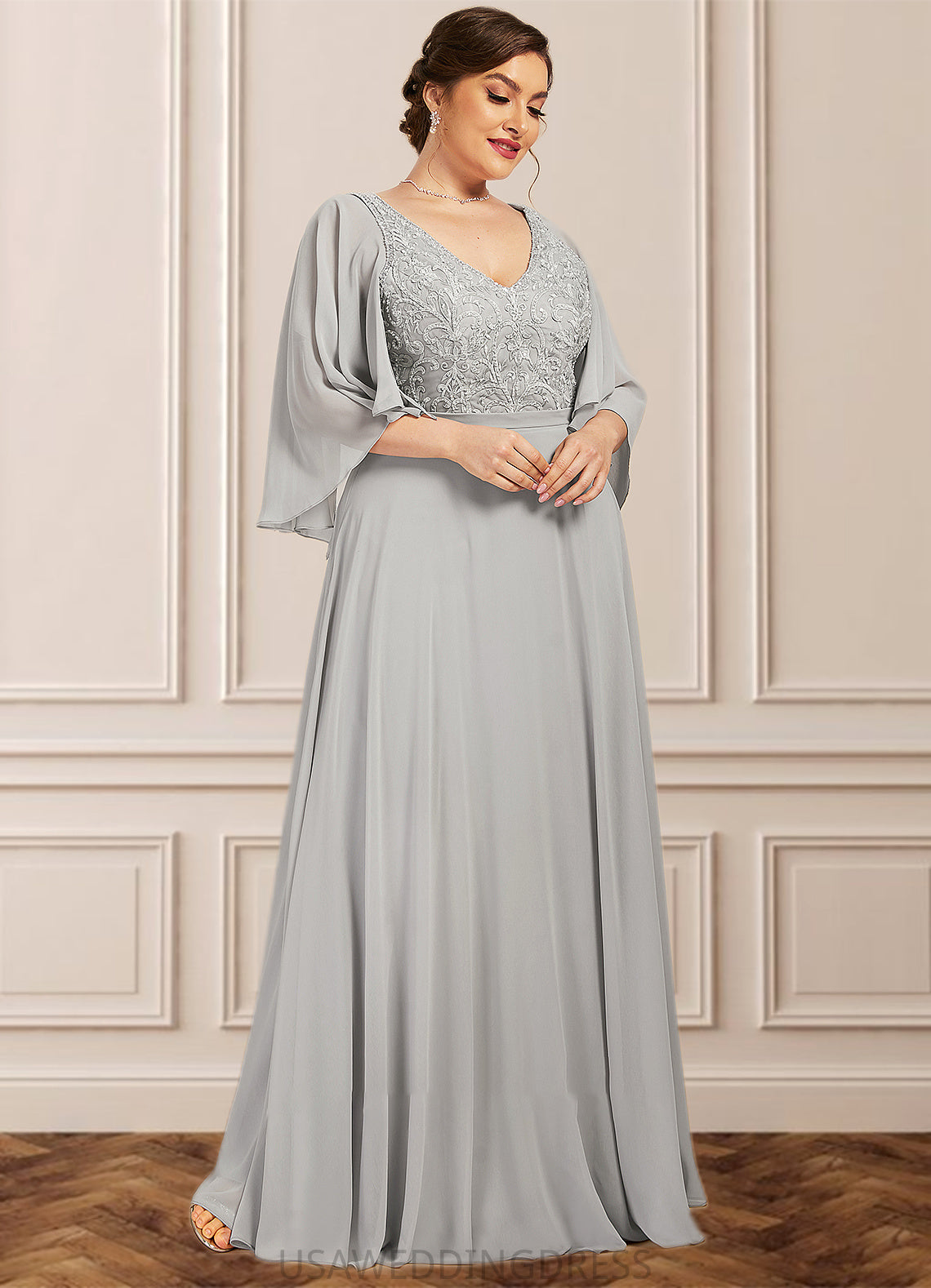 Cristal A-line V-Neck Floor-Length Chiffon Lace Mother of the Bride Dress With Beading Sequins DS126P0014563