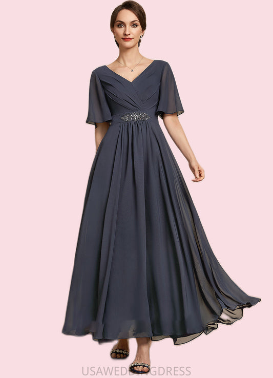 Jane A-Line V-neck Ankle-Length Chiffon Mother of the Bride Dress With Ruffle Beading Sequins DS126P0014564