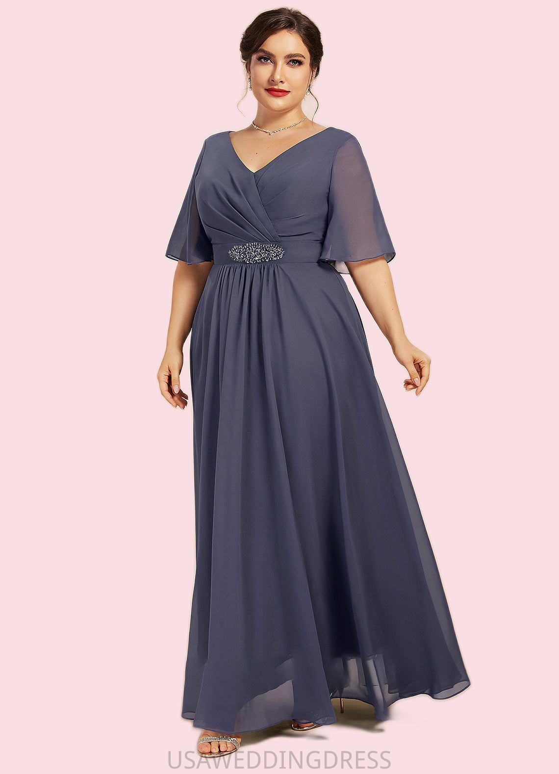 Jane A-Line V-neck Ankle-Length Chiffon Mother of the Bride Dress With Ruffle Beading Sequins DS126P0014564