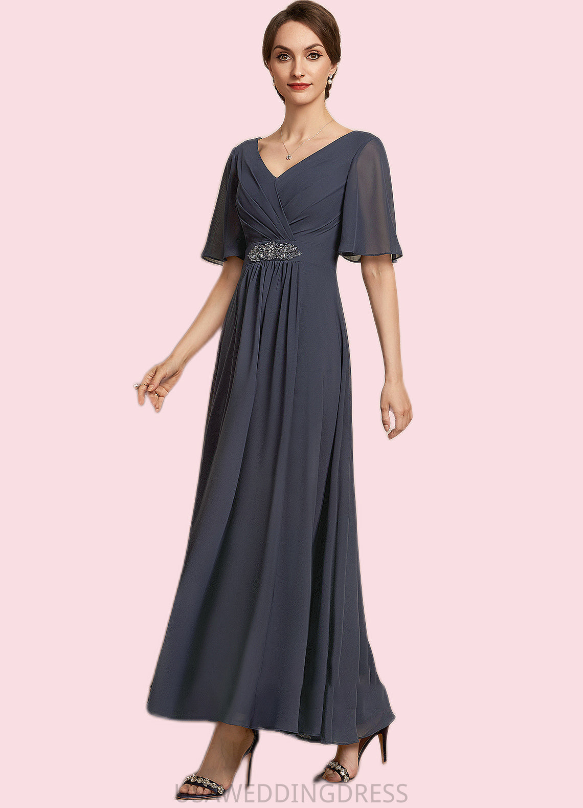 Jane A-Line V-neck Ankle-Length Chiffon Mother of the Bride Dress With Ruffle Beading Sequins DS126P0014564