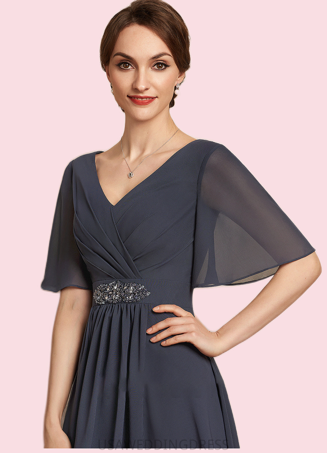 Jane A-Line V-neck Ankle-Length Chiffon Mother of the Bride Dress With Ruffle Beading Sequins DS126P0014564