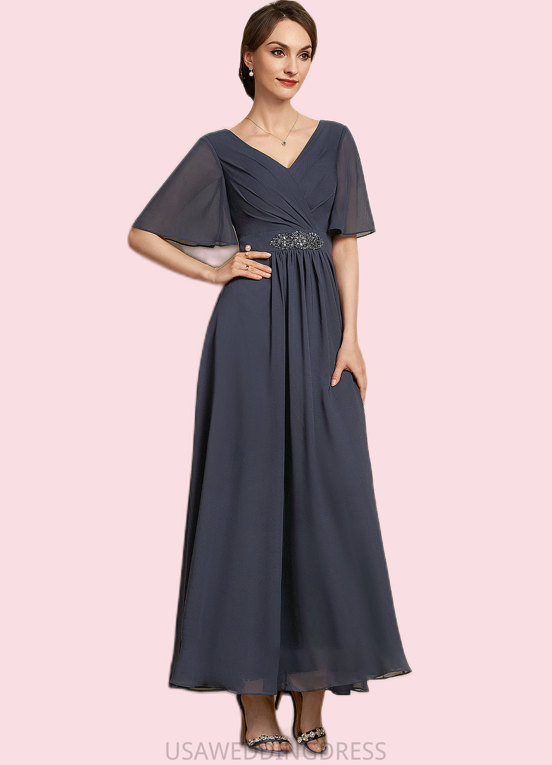 Jane A-Line V-neck Ankle-Length Chiffon Mother of the Bride Dress With Ruffle Beading Sequins DS126P0014564