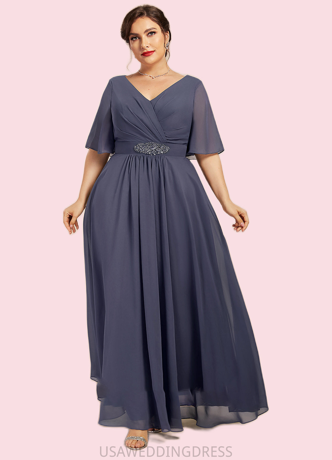 Jane A-Line V-neck Ankle-Length Chiffon Mother of the Bride Dress With Ruffle Beading Sequins DS126P0014564