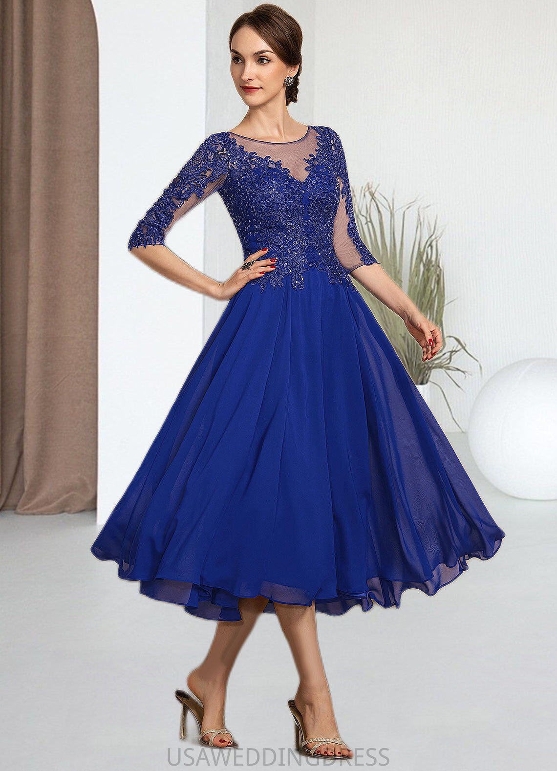 Maritza A-Line Scoop Neck Tea-Length Chiffon Lace Mother of the Bride Dress With Sequins DS126P0014565