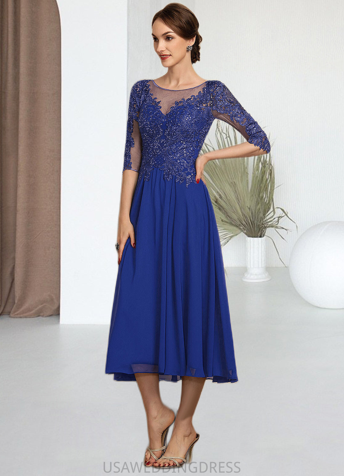 Maritza A-Line Scoop Neck Tea-Length Chiffon Lace Mother of the Bride Dress With Sequins DS126P0014565