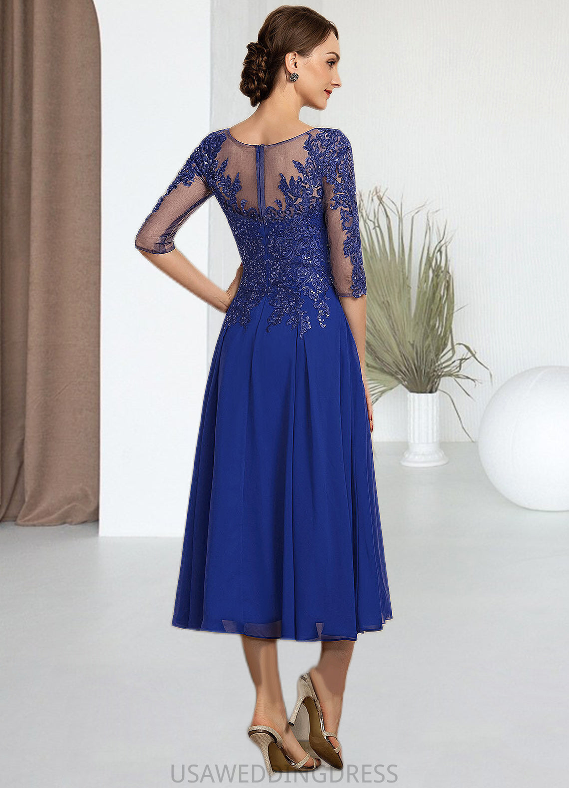 Maritza A-Line Scoop Neck Tea-Length Chiffon Lace Mother of the Bride Dress With Sequins DS126P0014565