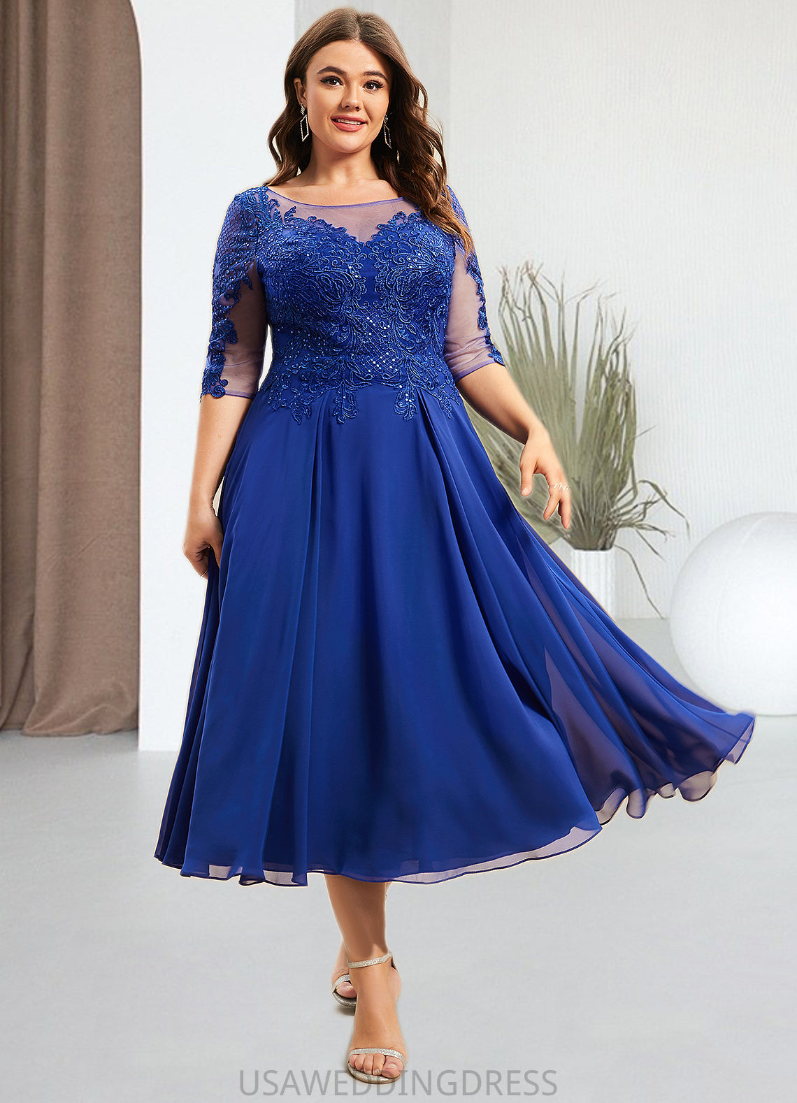 Maritza A-Line Scoop Neck Tea-Length Chiffon Lace Mother of the Bride Dress With Sequins DS126P0014565