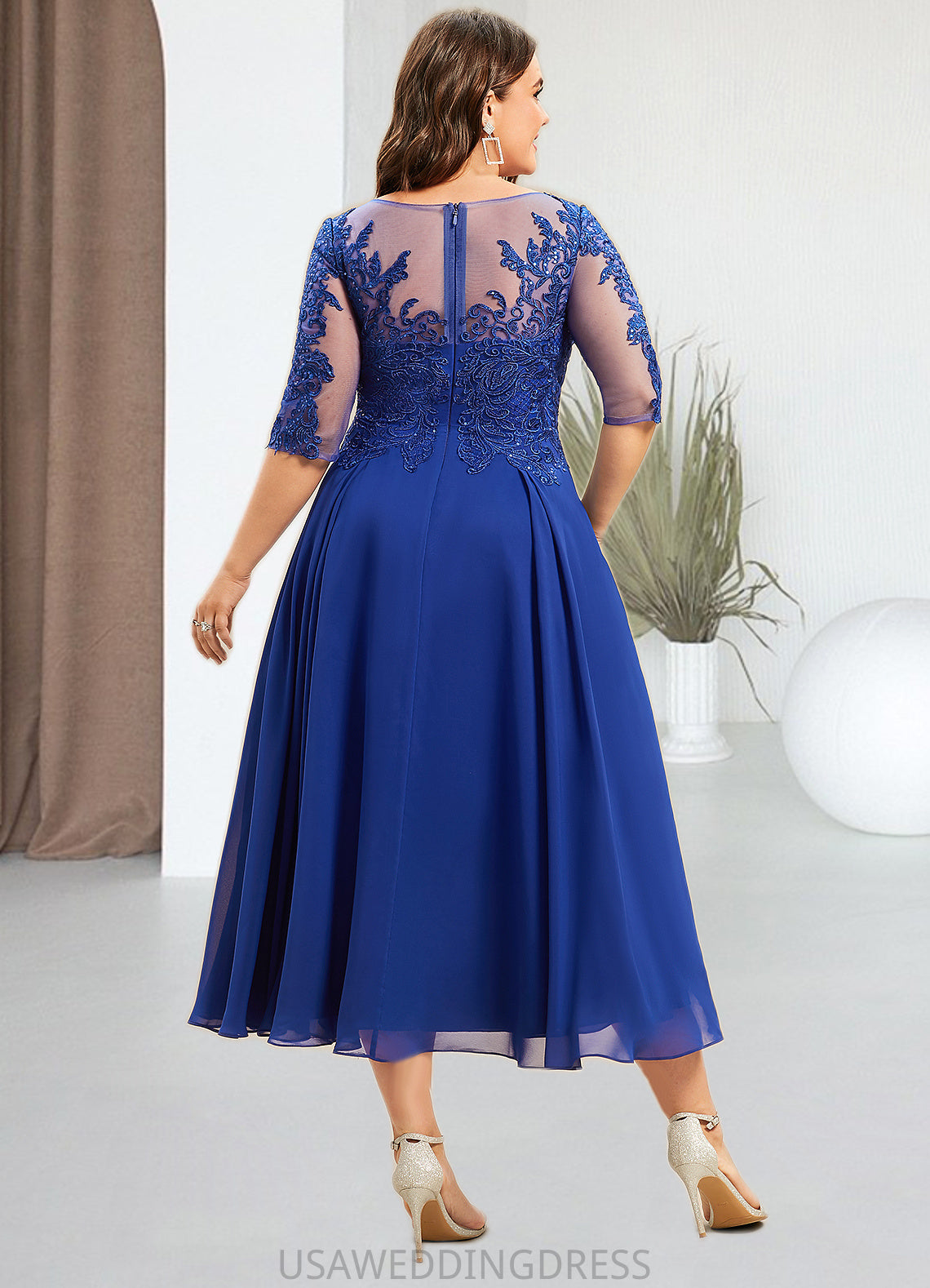 Maritza A-Line Scoop Neck Tea-Length Chiffon Lace Mother of the Bride Dress With Sequins DS126P0014565