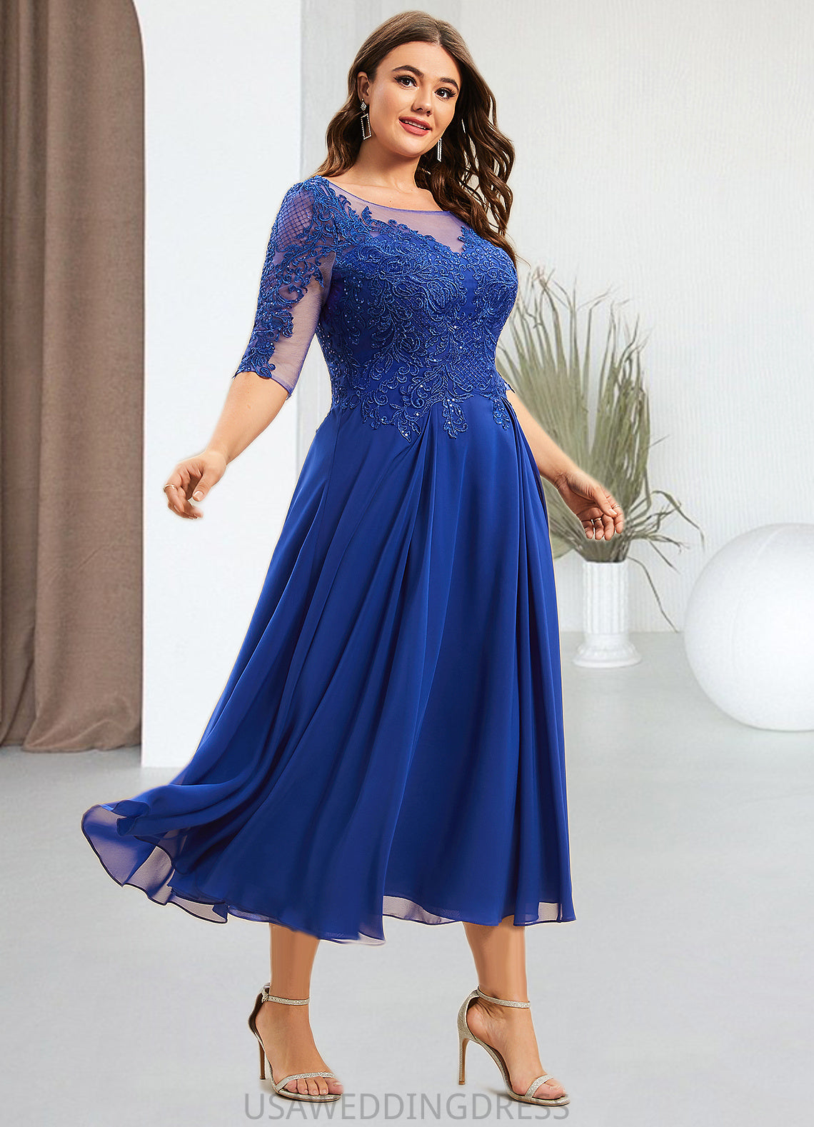 Maritza A-Line Scoop Neck Tea-Length Chiffon Lace Mother of the Bride Dress With Sequins DS126P0014565